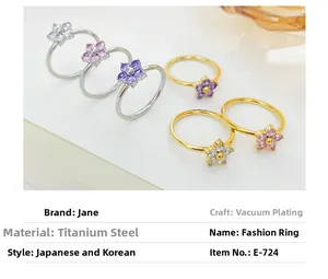 Macro detail of titanium steel flower rings with zirconia petals in gold and silver