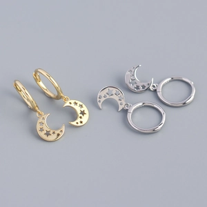 925 Sterling Silver Moon Star Hoop Earrings Geometric Hollow Crescent Dangle For Women