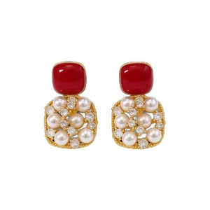 Vintage 18k vergoldete Ohrringe mit rotem Zirkonia, weißer Perle und Kristallen