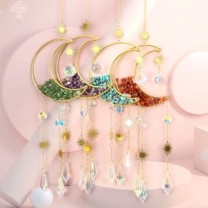 Moon Sun Suncatcher Natural Gravel Stone Metal Alloy Hanging Ornament Boho Crystal Prism Window Garden Decor