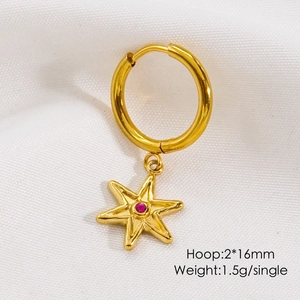 Macro detail of a 2x16mm gold hoop earring featuring a hex star pendant with red gemstone
