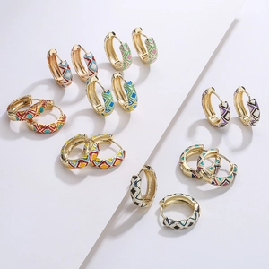 Retro 18K gold plated hoop earrings with colorful enamel geometric patterns for women
