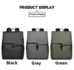 Three men's casual backpacks in black, gray, and green with matte waterproof fabric finish