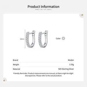 U-shaped S925 sterling silver hoop earrings with cubic zirconia pavé and 12mm height
