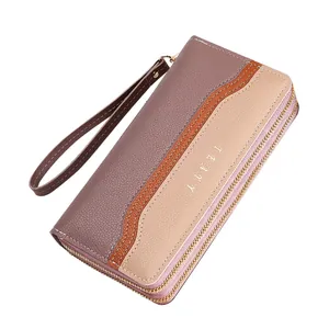 Women's long bifold wallet with tri-color wave pattern and double zipper closure
