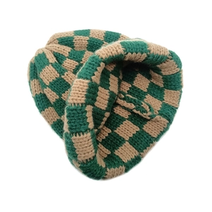 Green and coffee checkered knit beanie hat for winter, high-density warm crochet cap