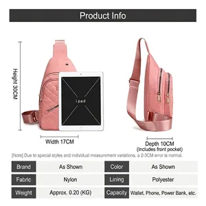 Pink quilted nylon crossbody chest bag for women with multiple zipper pockets