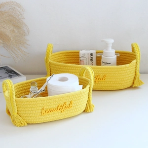 Handwoven cotton rope storage baskets with fringe tassels and beautiful embroidery
