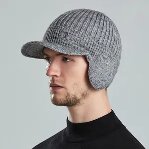 Men Winter Knit Hat With Ear Flaps And Visor Fleece Lined Thermal Warm Acrylic Outdoor Windproof Beanie Cap