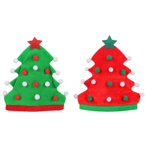 Creative Christmas tree shaped hats in red and green with colorful pom poms and stars