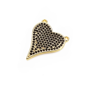 Detailed view of gold heart pendant with micro-paved black zircon stones and double rings