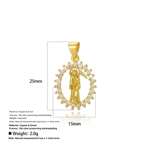 Detail of 18k gold plated Santa Muerte pendant with white zircon and size measurements