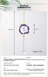 Detail of sun and moon crystal suncatcher with amethyst gravel and hanging prism