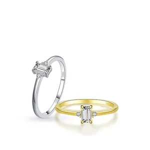 S925 sterling silver ring featuring a rectangular baguette zirconia stone in a minimalist style