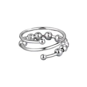 Silver stainless steel anti-anxiety spinning bead ring with a spiral open design