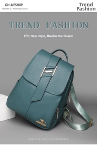 Detail of dark green leather backpack with gold kangaroo logo and adjustable straps