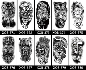 Detail view of 10 temporary tattoo designs featuring realistic lions and skulls in black ink