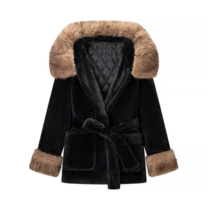 Black faux fur coat with brown fur collar and waist belt on a clean white background