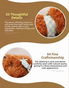 Macro detail of curly plush puppy toy showing plaid bow tie and fine stitching quality