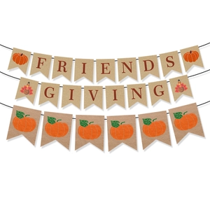 Three-tier Friendsgiving burlap banner with orange pumpkin and turkey designs for fall decor