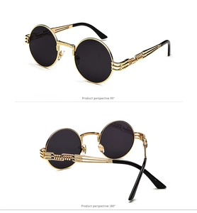 Detail view of steampunk round metal sunglasses showing 90 and 180 degree side angles