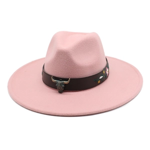 Pink felt fedora featuring floral embroidery and a vintage bull skull metal ornament