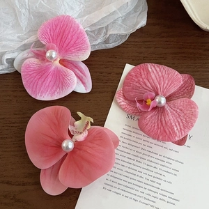 Elegant silk orchid hair clips with pearls, set of pink and peach floral hair accessories