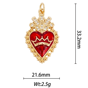 Detail view of red heart pendant with gold crown and white gemstones showing measurements