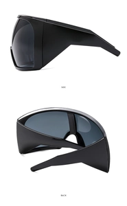 Side and back view of black oversized wraparound sports sunglasses with wide wings