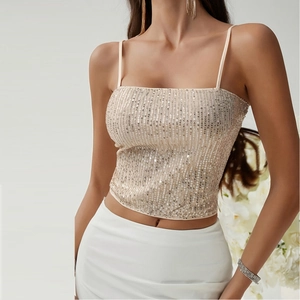 Sequin Camisole Sleeveless Backless Hollow Out Sexy Sparkly Cropped Top For Women Party Resort