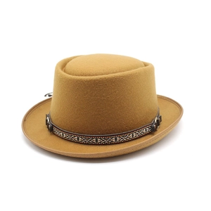 Wool boater hat in ginger yellow with ethnic pattern band and metallic buckle detail