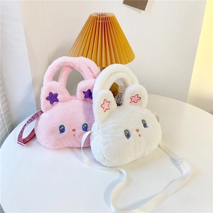 Fuffy plush cartoon rabbit handbag with star embroidery for girls in pink and white