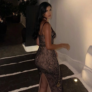 Sultry backless lace maxi dress with slit, bodycon evening gown for women partywear