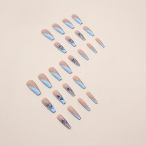 Blue and pink gradient long coffin press-on nails with butterfly and glitter details