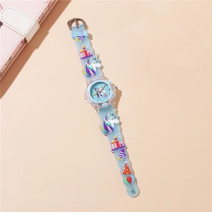 Detail of 3D cartoon unicorn and castle decorations on a light blue silicone kids watch