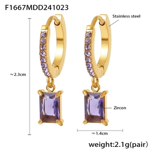Detail view of gold earrings featuring purple rectangular zircon pendants and dimensions