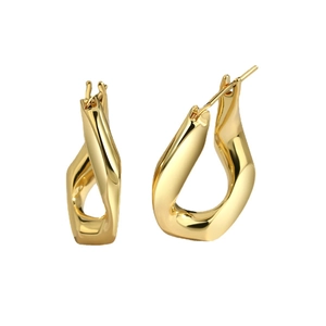 Minimalist geometric egg-shaped gold twisted hoop earrings with a polished metallic finish