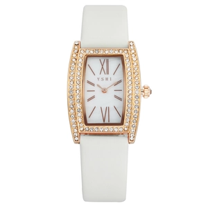 Elegant women's square watch featuring a rose gold rhinestone case and white leather strap