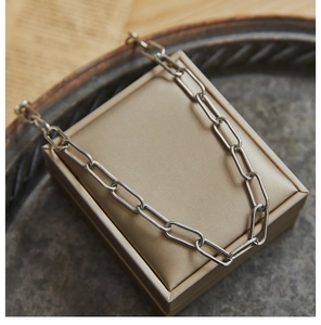 Detail view of a silver paperclip chain necklace on a champagne gold silk jewelry box