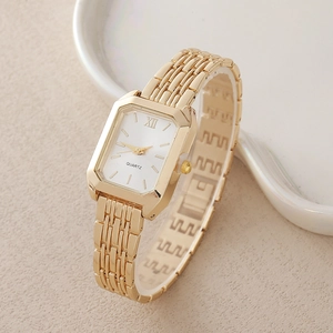 Elegant women's gold quartz watch with rectangular dial and metal chain strap