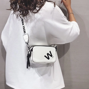 Women Crossbody Bag Patent PU Leather Trendy Camera Square Bag Wide Letter Print Strap Tassel Zipper Streetwear