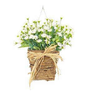 Hanging floral basket with artificial white daisies and decorative raffia bow for home