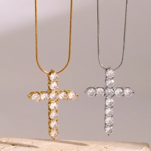 Symmetric set of 18k gold and silver stainless steel cross necklaces with white zircon