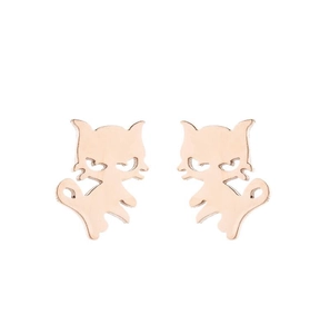 Close-up of minimalist rose gold cat stud earrings with hollow design on white background