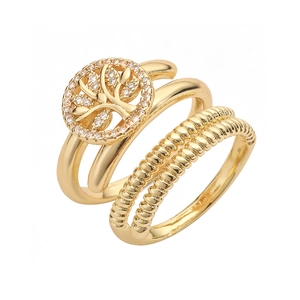 Golden double layer ring set with Tree of Life zircon and textured spiral band design