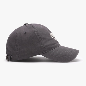 Charcoal grey washed cotton baseball cap with white embroidery and metal buckle