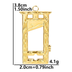 Detailed view of gold guillotine pendant with size measurements 3.8cm and 2.0cm