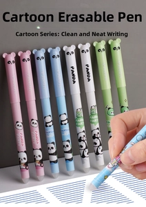Close-up of 8-pack panda erasable pens with silicone ears and rubbing eraser tip