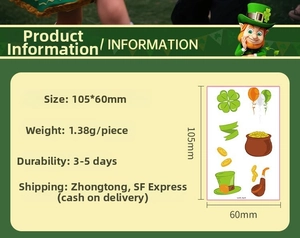 Specifications of St. Patrick’s Day temporary tattoo stickers showing size and weight