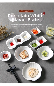 Detailed view of matte white melamine sauce dishes in various shapes on a grey surface